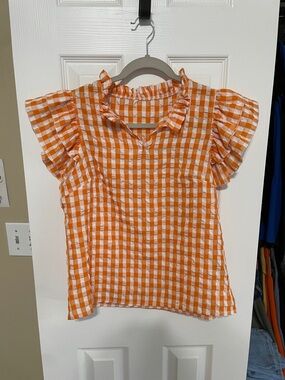 Girls Orange Gingham Ruffle Sleeve Blouse